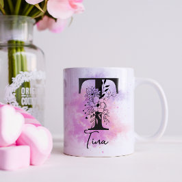 ピンク パープル フローラル ブラック レター モノグラム T シャツ コーヒーマグカップ