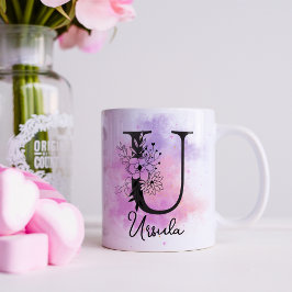 ピンク パープル フローラル ブラック レター モノグラム U コーヒーマグカップ