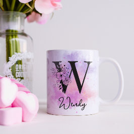 ピンク パープル フローラル ブラック レター モノグラム W コーヒーマグカップ