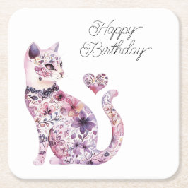 ピンク パープル ブッシュ 花 ハート 愛 猫 誕生日 スクエアペーパーコースター