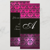 ピンク パープル ブラック ダマスク モノグラム、フクシア ホワイト 招待状 (正面/裏面)