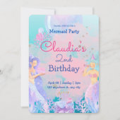 ピンク パープル ブルーの美しい人魚をテーマにした誕生日パーティー 招待状 (正面)