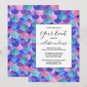 ピンク パープル ブルー ティール ウォーターカラー マーメイド スケール 招待状 (正面/裏面)