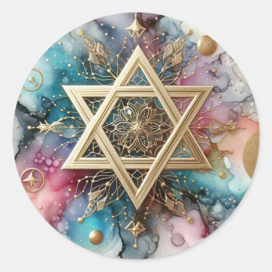 ピンク パープル ブルー マーブル アブストラクト ゴールド スター オブ  ラウンドシール (正面)