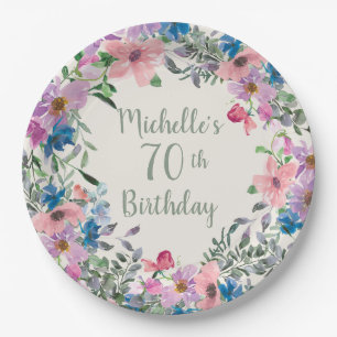 ピンク パープル ブルー 水彩 花 70歳の誕生日   ペーパープレート