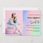 ピンク パープル ホログラフィック フォト ラグジュアリー スウィート 16 招待状 (正面)