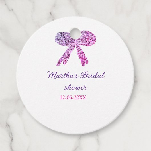 ピンク パープル リボン キラキラ グリッター ブライダル シャワー ネーム フェイバータグ (正面)
