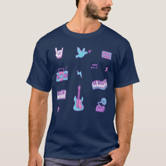 ピンク パープル レトロ ミュージック アイコン ドゥードル パターン 面白い Tシャツ