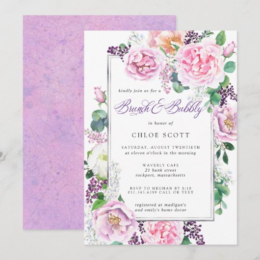 ピンク パープル ローズ フローラル ブライダル ブランチ バブル 招待状 (正面/裏面)