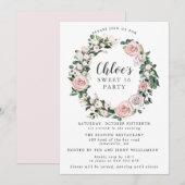 ピンク パープル ローズ フローラル リース スイート シックスティーン パーティー 招待状 (正面/裏面)