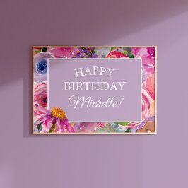 ピンク パープル 水彩画 野の花 誕生日おめでとう ポスター