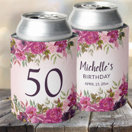 ピンク パープル 水彩 花柄 50歳の誕生日パーティーの記念品 缶クーラー