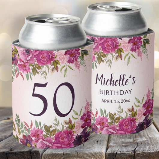 ピンク パープル 水彩 花柄 50歳の誕生日パーティーの記念品 缶クーラー