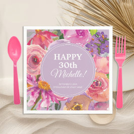 ピンク パープル 水彩 花 30歳の誕生日 スタンダードカクテルナプキン