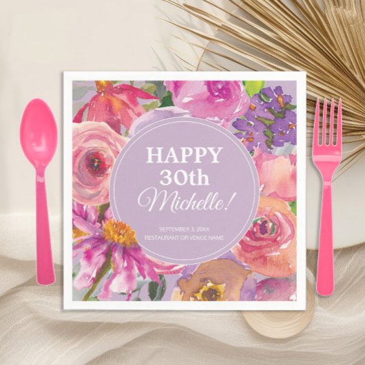 ピンク パープル 水彩 花 30歳の誕生日 スタンダードカクテルナプキン