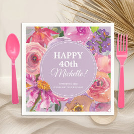 ピンク パープル 水彩 花 40歳の誕生日 スタンダードカクテルナプキン