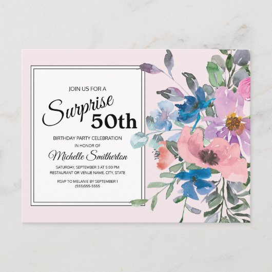 ピンク パープル 水彩 花 50歳の誕生日パーティー ポストカード (正面)