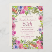ピンク パープル 水彩 花 60歳の誕生日 招待状 (正面/裏面)