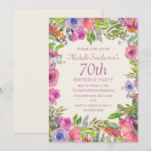 ピンク パープル 水彩 花 70歳の誕生日 招待状 (正面/裏面)