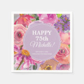 ピンク パープル 水彩 花 75歳の誕生日 スタンダードカクテルナプキン (正面)
