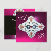 ピンク パープル 白 ダマスク モノグラム アメジスト フューシャ 招待状 (正面/裏面)