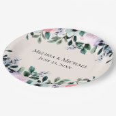 ピンク パープル & 緑の水彩花の結婚式 ペーパープレート (アングル)