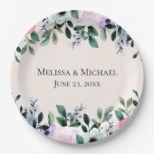 ピンク パープル & 緑の水彩花の結婚式 ペーパープレート (正面)