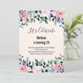 ピンク パープル 緑 水彩 花の誕生日 招待状 (スタンド正面)