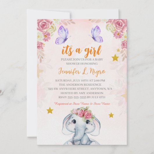 ピンク パープル 花の蝶と象 招待状 (正面)