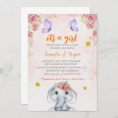 ピンク パープル 花の蝶と象 招待状 (正面/裏面)