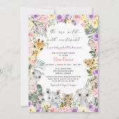 ピンク パープル 花ジャングル 動物 ガール ベイビー シャワー 招待状 (正面)