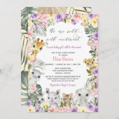 ピンク パープル 花ジャングル 動物 ガール ベイビー シャワー 招待状 (正面/裏面)