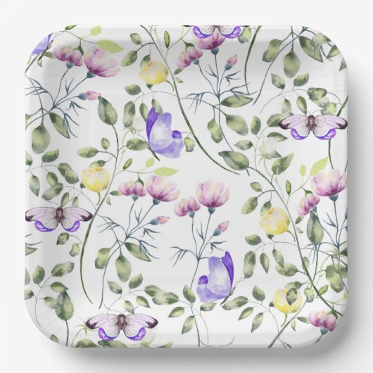 ピンク パープル 花柄 ペーパープレート (正面)