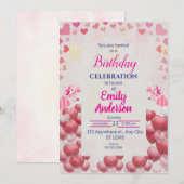 ピンク パープル | 風船 星 誕生日 パーティー 女の子 招待状 (正面/裏面)