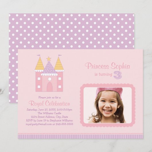 ピンク・パープ王室のル・プリンセス・フォト・バースデー・パーティー 招待状 (正面/裏面)