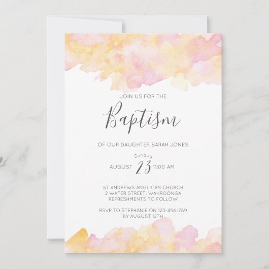 ピンク&ピーチウォーターカラーバプテスマの招待 招待状 (正面)