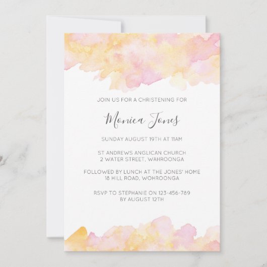 ピンク&ピーチウォーターカラー《キリスト教》洗礼式や命名式の招待 招待状 (正面)