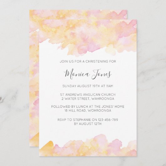 ピンク&ピーチウォーターカラー《キリスト教》洗礼式や命名式の招待 招待状 (正面/裏面)
