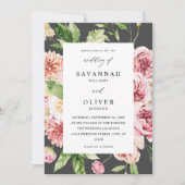 ピンク&ピーチフローラ&グリーン結婚リーズ – グレー 招待状 (正面)