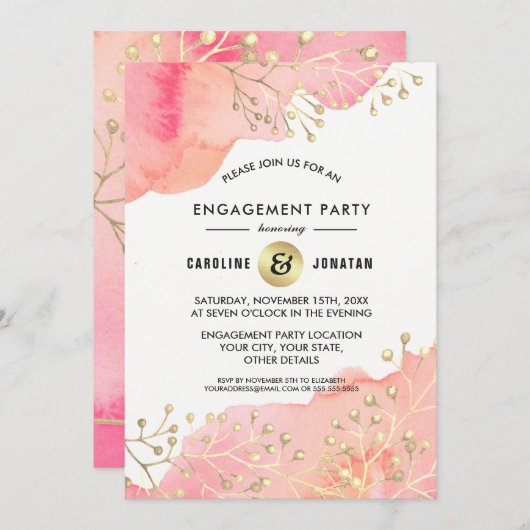 ピンク |ピーチボタニカル婚約パーティ招待状 招待状 (正面/裏面)