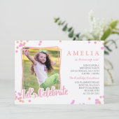 ピンク&ピーチ紙吹雪フォト子供の誕生日パーティー 招待状 (スタンド正面)