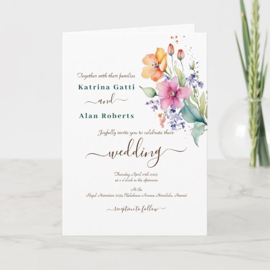 ピンク・ピーチ・イエローの花が咲く 招待状 (正面)