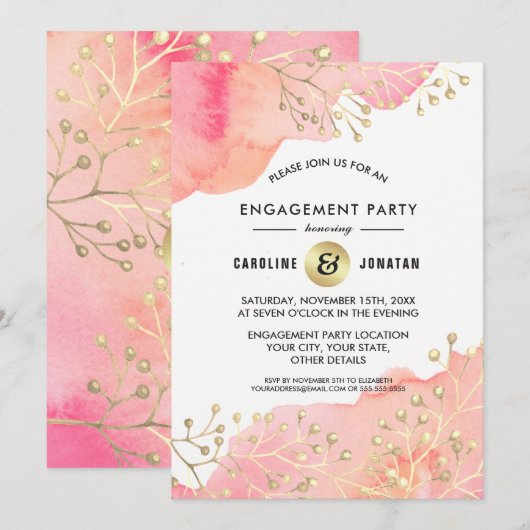 ピンク | ピーチ ボタニカルエンゲージメントパーティー招待状 招待状 (正面/裏面)