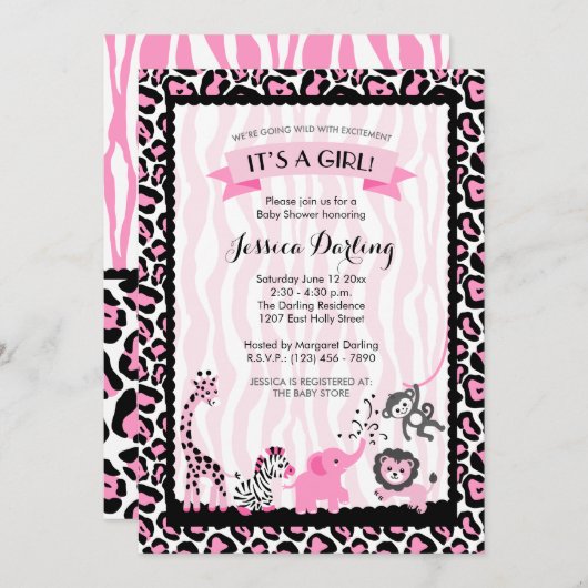 ピンク&ファンシーブラックサファリガールベビーシャワー 招待状 (正面/裏面)