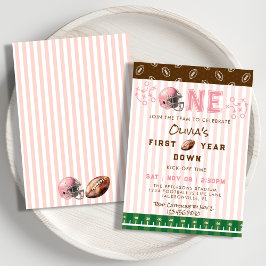 ピンク ファーストイヤーダウン フットボール 1歳の誕生日パーティー 招待状