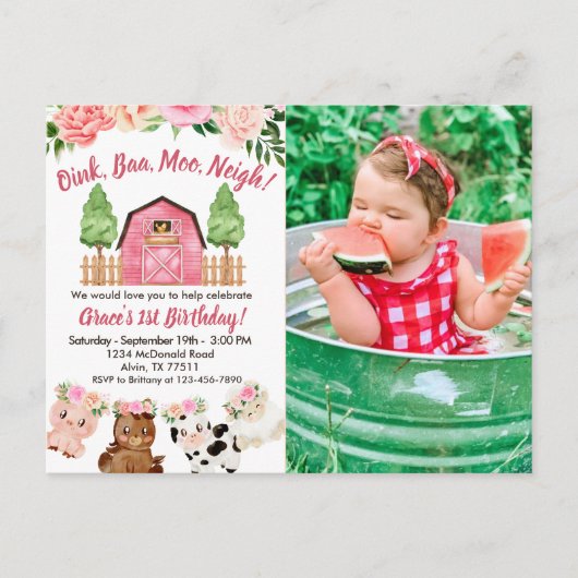 ピンク ファーム/納屋 1歳の誕生日 写真 招待状 (正面)