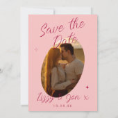 ピンク フクシア レトロ モダン 写真 結婚式 セーブザデート (裏面)