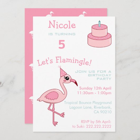 ピンク·フラミンゴの5歳の誕生日パーティーの招待 招待状 (正面/裏面)