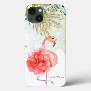 ピンク フラミンゴ 花 ゴールド コンフェティ ヤシの葉 iPhone 13ケース