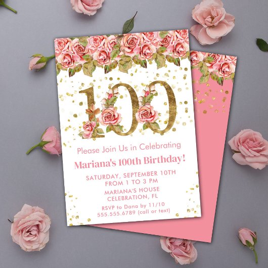 ピンク フラワー ゴールド グリッター 100歳 誕生日パーティー 招待状